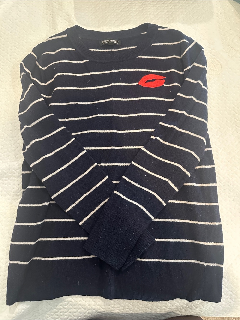 Banana Republic Navy & White Striped Crewneck Sweater with Red Patch